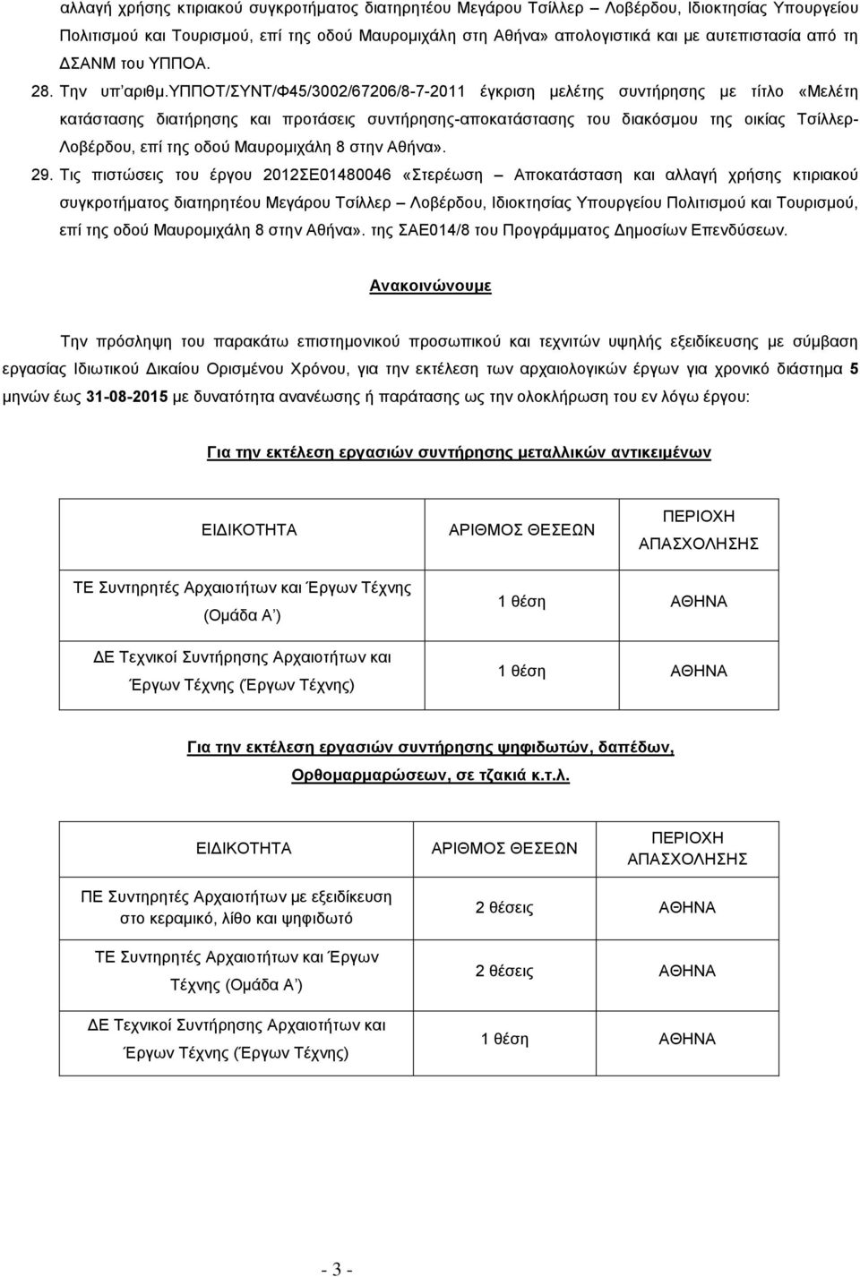 υπποt/συντ/φ45/3002/67206/8-7-2011 έγκριση μελέτης συντήρησης με τίτλο «Μελέτη κατάστασης διατήρησης και προτάσεις συντήρησης-αποκατάστασης του διακόσμου της οικίας Τσίλλερ- Λοβέρδου, επί της οδού