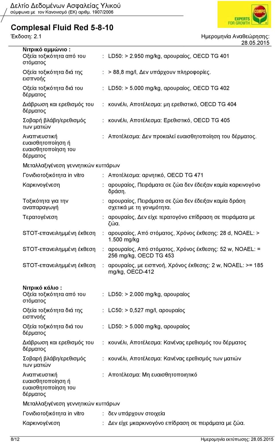 000 mg/kg, αρουραίος, OECD TG 402 : κουνέλι, Αποτέλεσμα: μη ερεθιστικό, OECD TG 404 : κουνέλι, Αποτέλεσμα: Ερεθιστικό, OECD TG 405 : Αποτέλεσμα: Δεν προκαλεί ευαισθητοποίηση του.