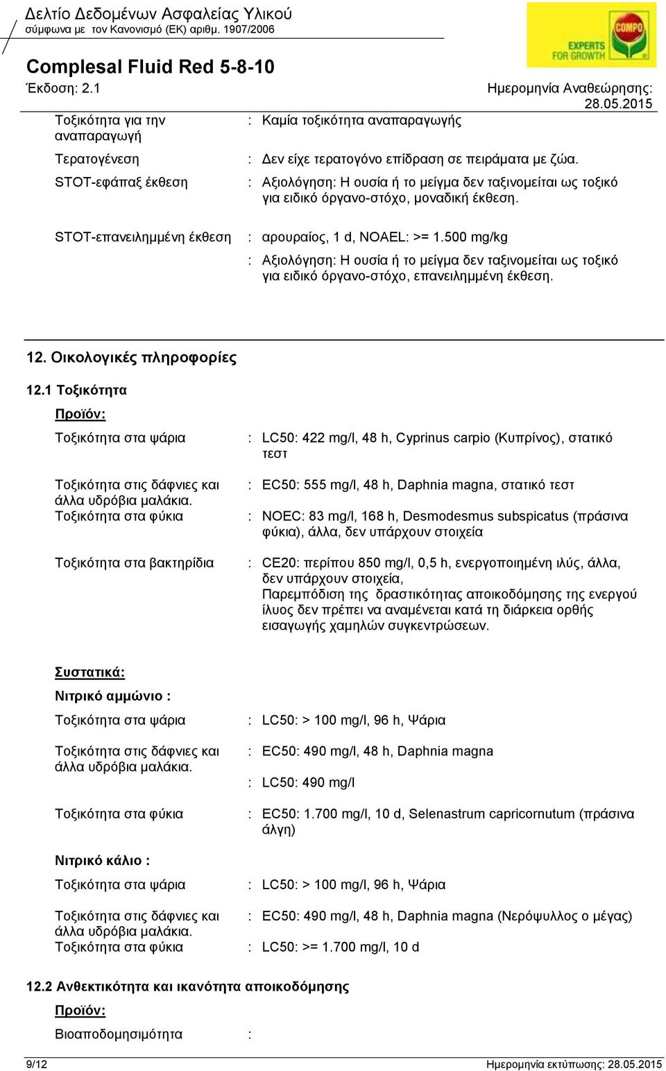 500 mg/kg : Αξιολόγηση: Η ουσία ή το μείγμα δεν ταξινομείται ως τοξικό για ειδικό όργανο-στόχο, επανειλημμένη έκθεση. 12. Οικολογικές πληροφορίες 12.