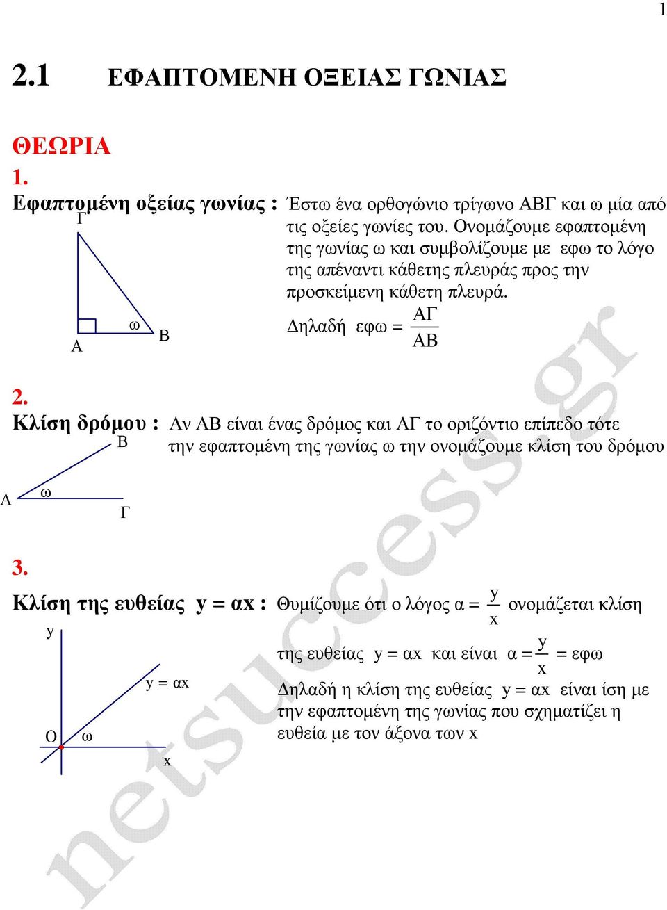 Κλίση δρόµου : ν είναι ένας δρόµος και το οριζόντιο επίπεδο τότε την εφαπτοµένη της γνίας την ονοµάζουµε κλίση του δρόµου Κλίση της ευθείας y = α :