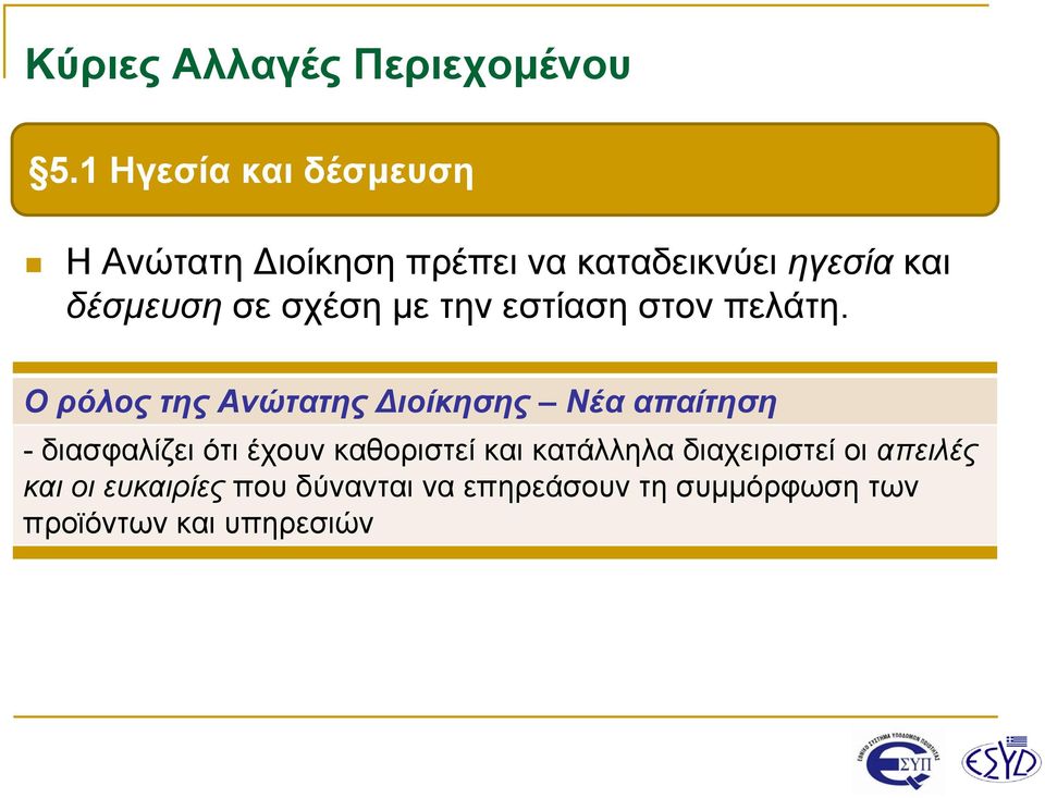 Ο ρόλος της Ανώτατης Διοίκησης Νέα απαίτηση - διασφαλίζει ότι έχουν καθοριστεί