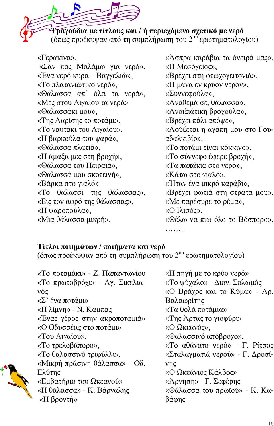 «Θάλασσα του Πειραιά», «Θάλασσά μου σκοτεινή», «Βάρκα στο γιαλό» «Το θαλασσί της θάλασσας», «Εις τον αφρό της θάλασσας», «Η ψαροπούλα», «Μια θάλασσα μικρή», «Άσπρα καράβια τα όνειρά μας», «Η