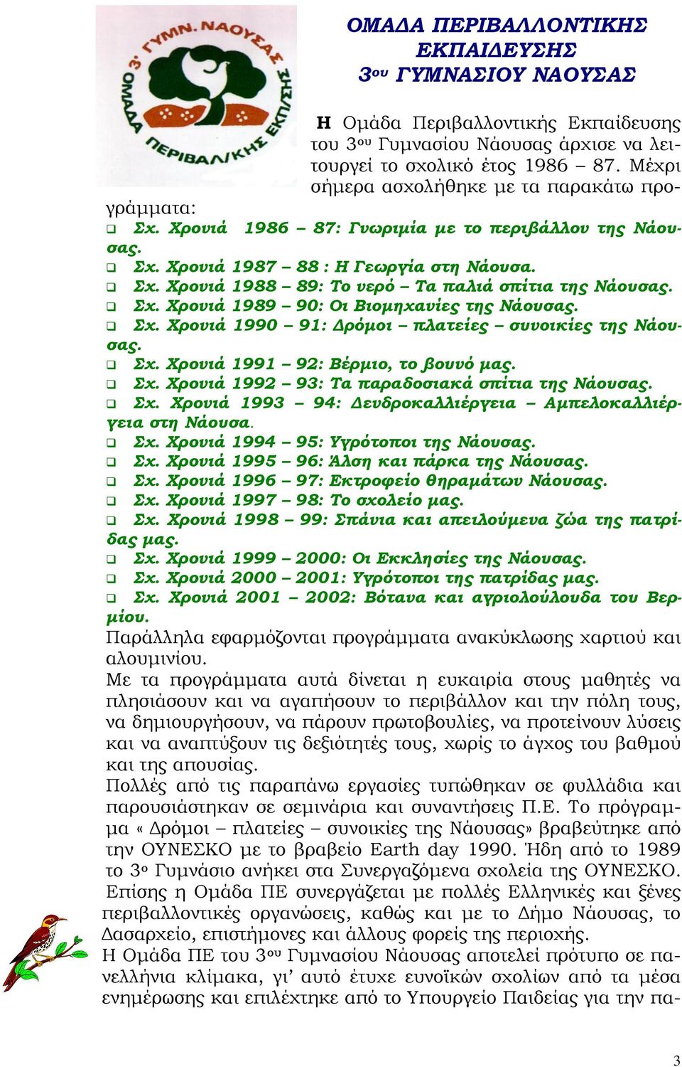 Σχ. Χρονιά 1989 90: Οι Βιομηχανίες της Νάουσας. Σχ. Χρονιά 1990 91: Δρόμοι πλατείες συνοικίες της Νάουσας. Σχ. Χρονιά 1991 92: Βέρμιο, το βουνό μας. Σχ. Χρονιά 1992 93: Τα παραδοσιακά σπίτια της Νάουσας.