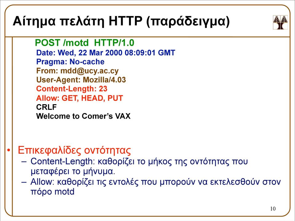 03 Content-Length: 23 Allow: GET, HEAD, PUT CRLF Welcome to Comer s VAX Επικεφαλίδες οντότητας