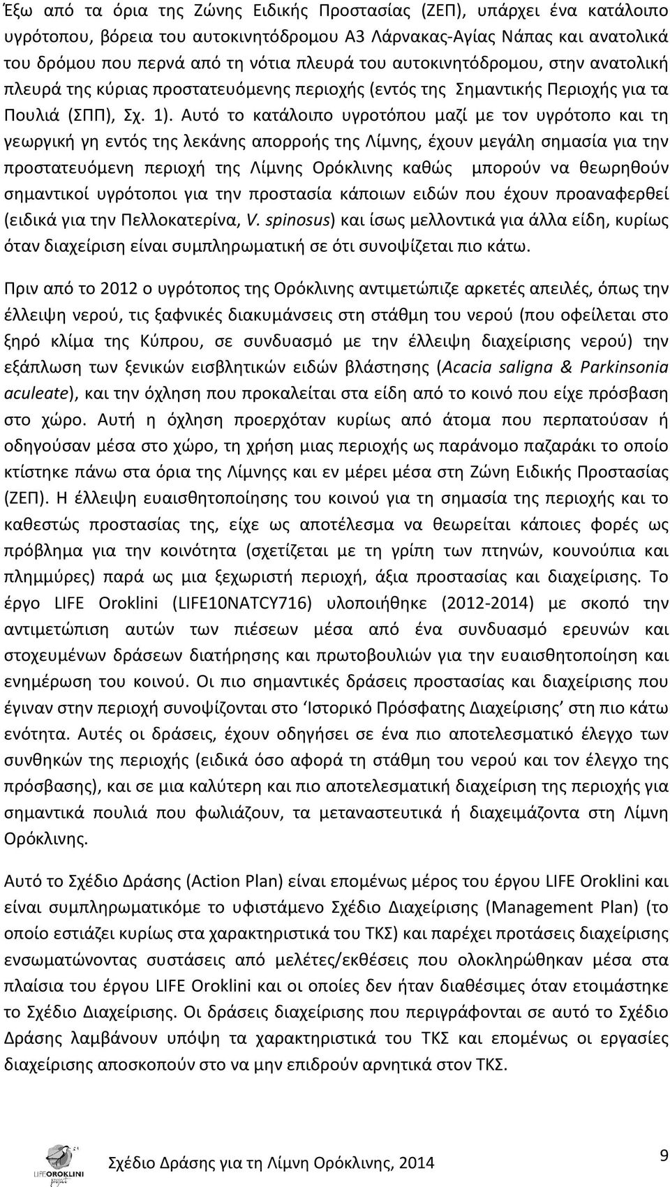 Αυτό το κατάλοιπο υγροτόπου μαζί με τον υγρότοπο και τη γεωργική γη εντός της λεκάνης απορροής της Λίμνης, έχουν μεγάλη σημασία για την προστατευόμενη περιοχή της Λίμνης Ορόκλινης καθώς μπορούν να