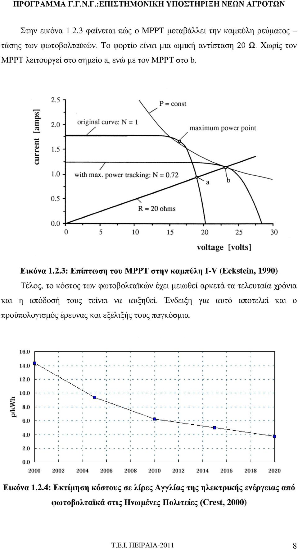 3: Επίπτωση του ΜΡΡΤ στην καμπύλη Ι-V (Eckstein, 1990) Τέλος, το κόστος των φωτοβολταϊκών έχει μειωθεί αρκετά τα τελευταία χρόνια και η απόδοσή τους