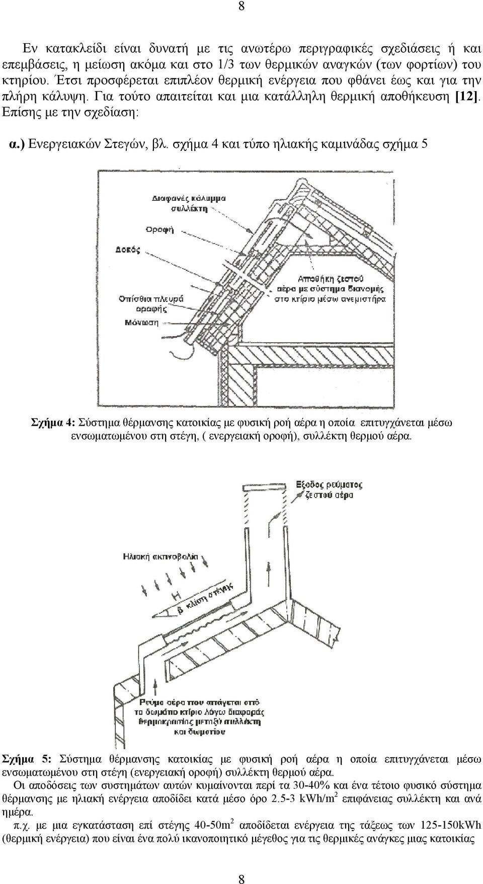 σχήμα 4 και τύπο ηλιακής καμινάδας σχήμα 5 Σχήμα 4: Σύστημα θέρμανσης κατοικίας με φυσική ροή αέρα η οποία επιτυγχάνεται μέσω ενσωματωμένου στη στέγη, ( ενεργειακή οροφή), συλλέκτη θερμού αέρα.