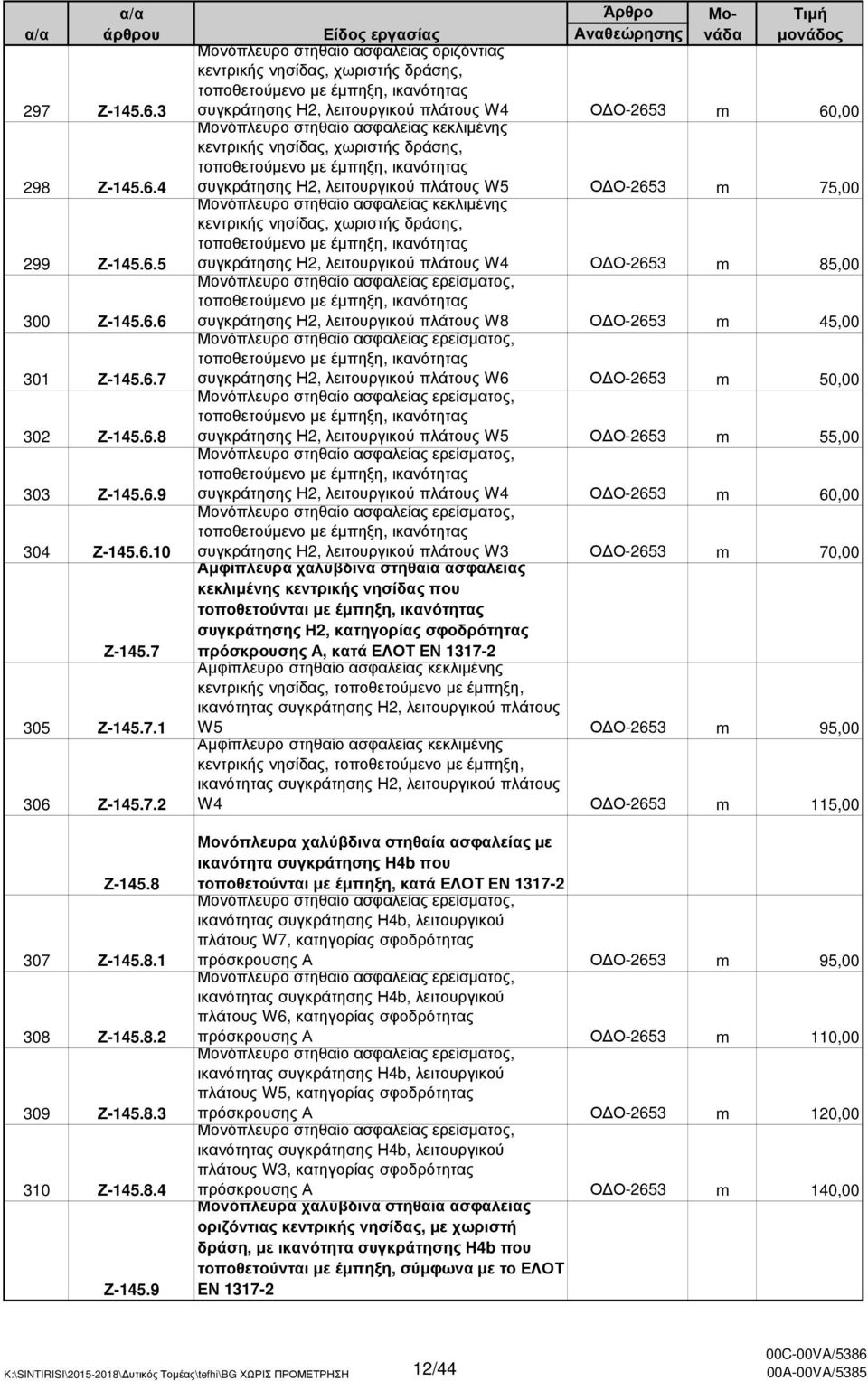 9 Μονόπλευρο στηθαίο ασφαλείας οριζόντιας κεντρικής νησίδας, χωριστής δράσης, τοποθετούµενο µε έµπηξη, ικανότητας συγκράτησης Η2, λειτουργικού πλάτους W4 Ο Ο-2653 m 60,00 Μονόπλευρο στηθαίο ασφαλείας