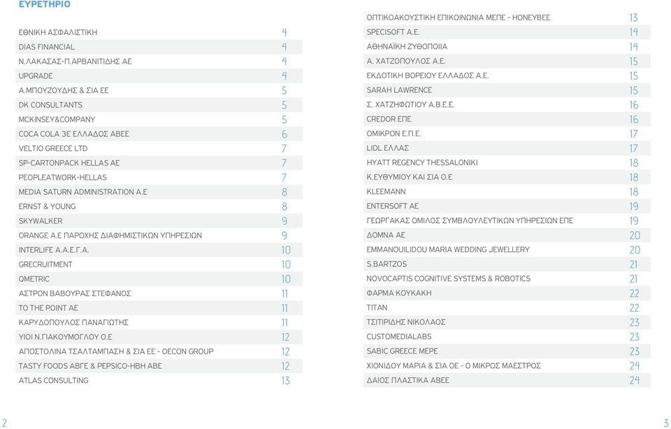 E 8 Ernst & Young 8 Skywalker 9 ORANGE A.E ΠΑΡΟΧΗΣ ΔΙΑΦΗΜΙΣΤΙΚΩΝ ΥΠΗΡΕΣΙΩΝ 9 INTERLIFE Α.Α.Ε.Γ.Α. 10 Grecruitment 10 qmetric 10 ΑΣΤΡΟΝ ΒΑΒΟΥΡΑΣ ΣΤΕΦΑΝΟΣ 11 TO THE POINT AE 11 Καρυδόπουλος Παναγιώτης 11 ΥΙΟΙ Ν.