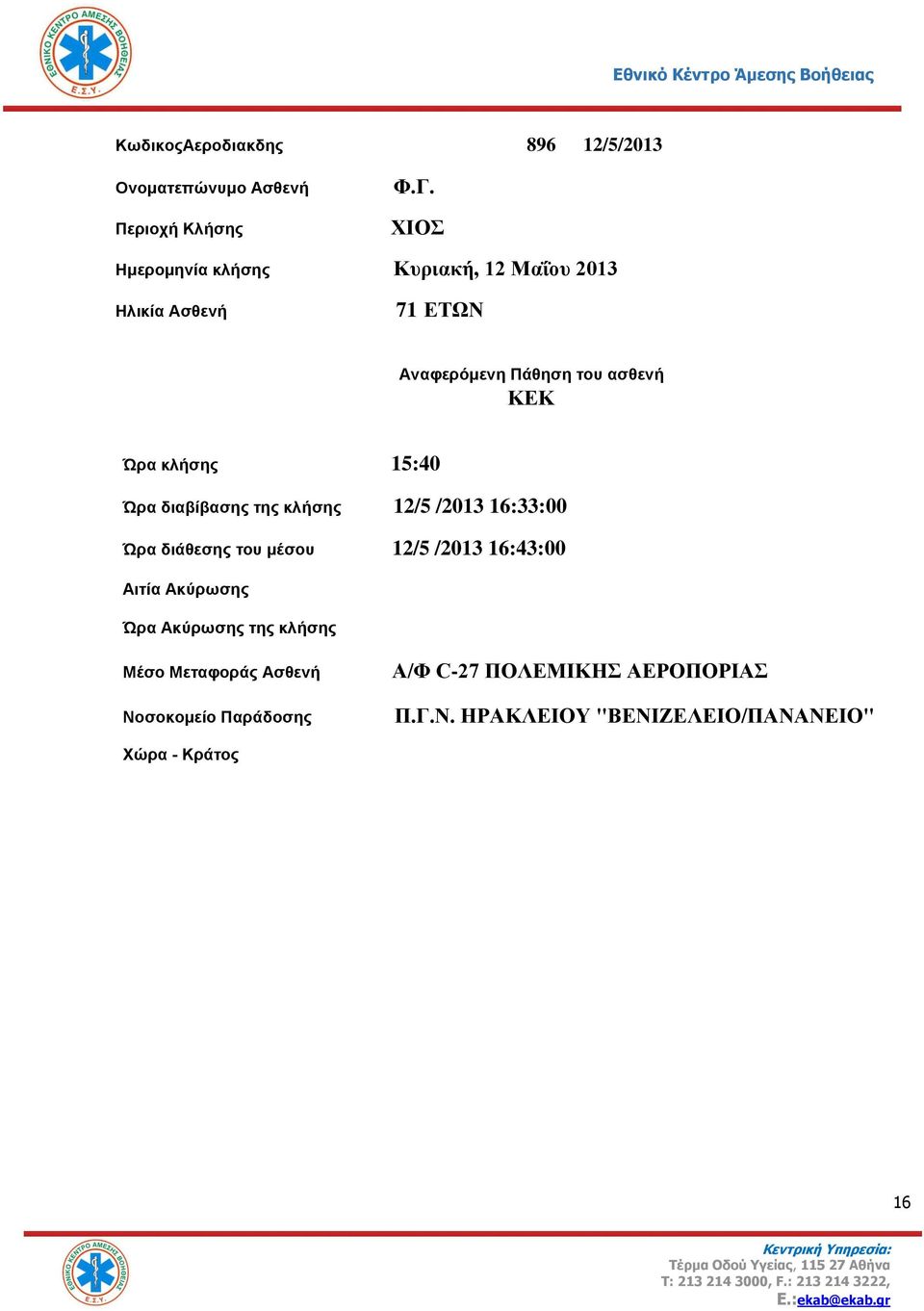 κλήσης 15:4 Ώρα διαβίβασης της κλήσης 12/5 /213 16:33: Ώρα