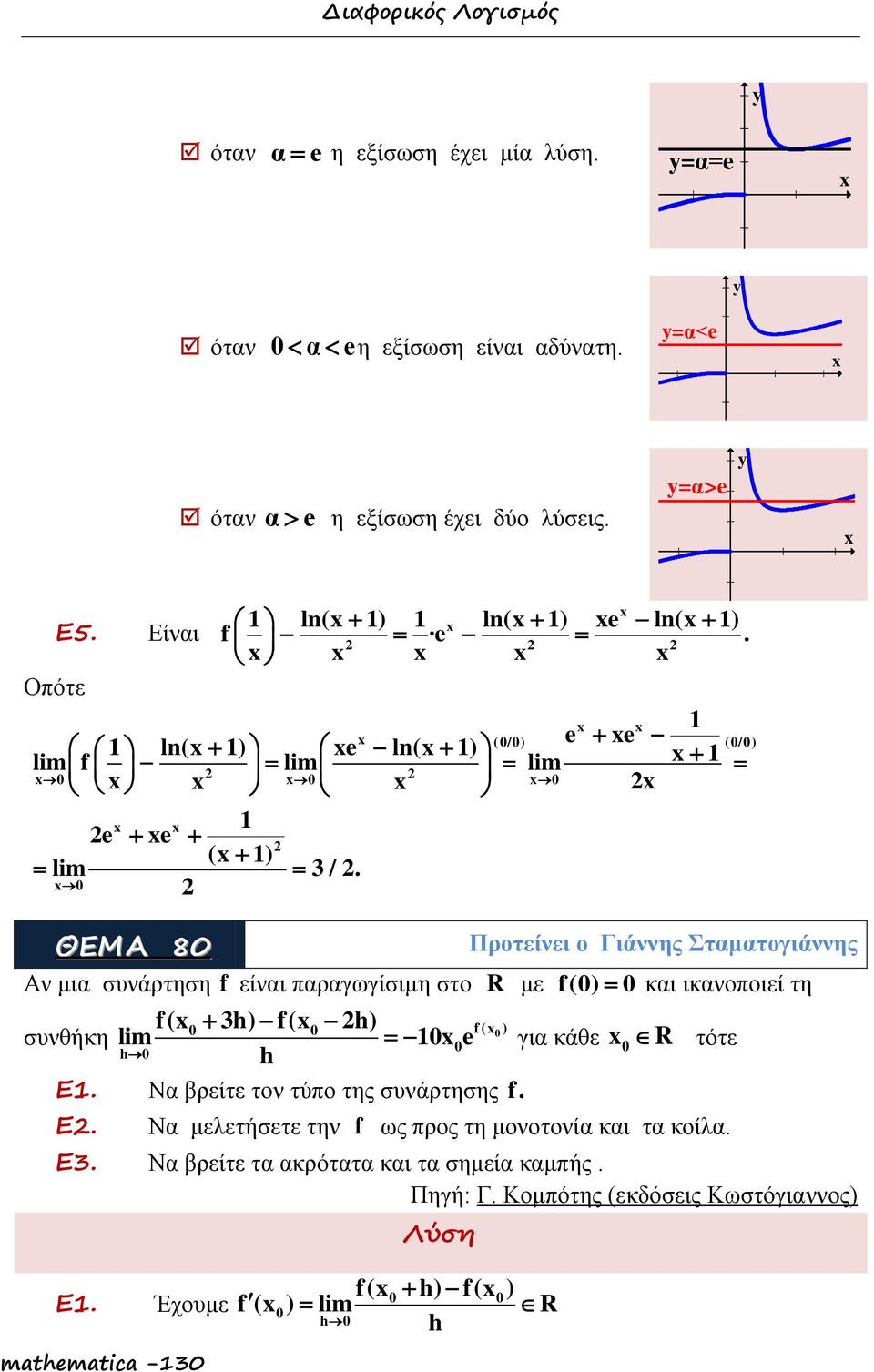 ΘΕΜΑ 8 (/) (/) Αν μια συνάρτηση f είναι παραγωγίσιμη στο R με f() Προτείνει ο Γιάννης Σταματογιάννης και ικανοποιεί τη f( h) f( h) f ( ) συνθήκη lim για