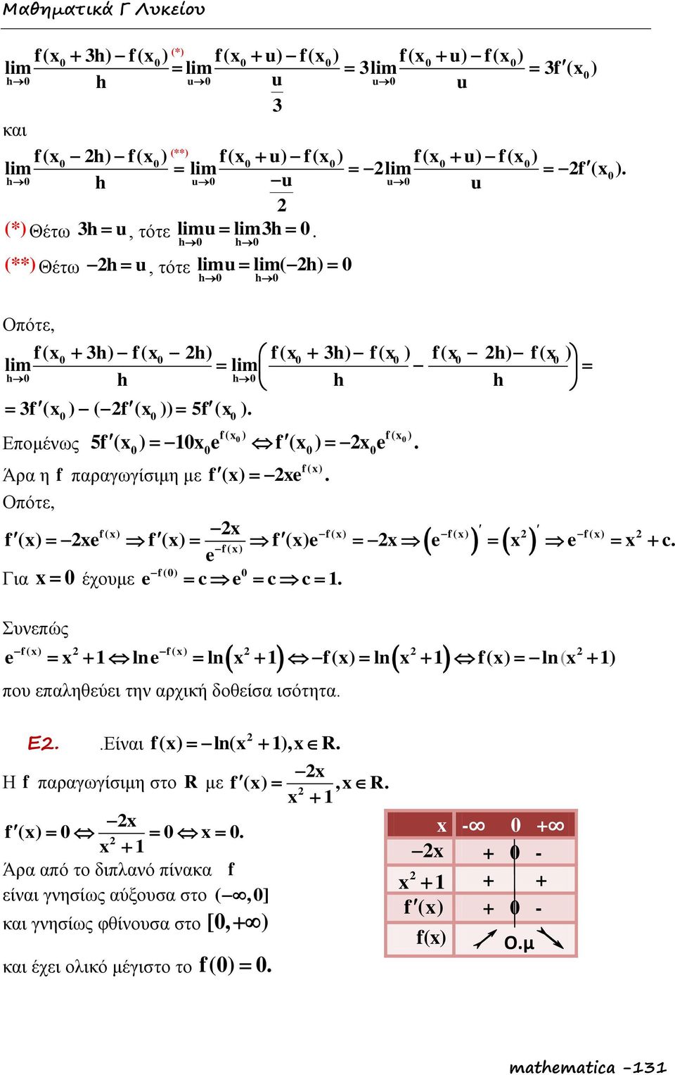 f ( ) f ( ) Επομένως 5f ( ) f ( ). Άρα η f παραγωγίσιμη με f () f (). Οπότε, f () f () f () f () f () f () f () f () c. f () Για έχουμε c c c.