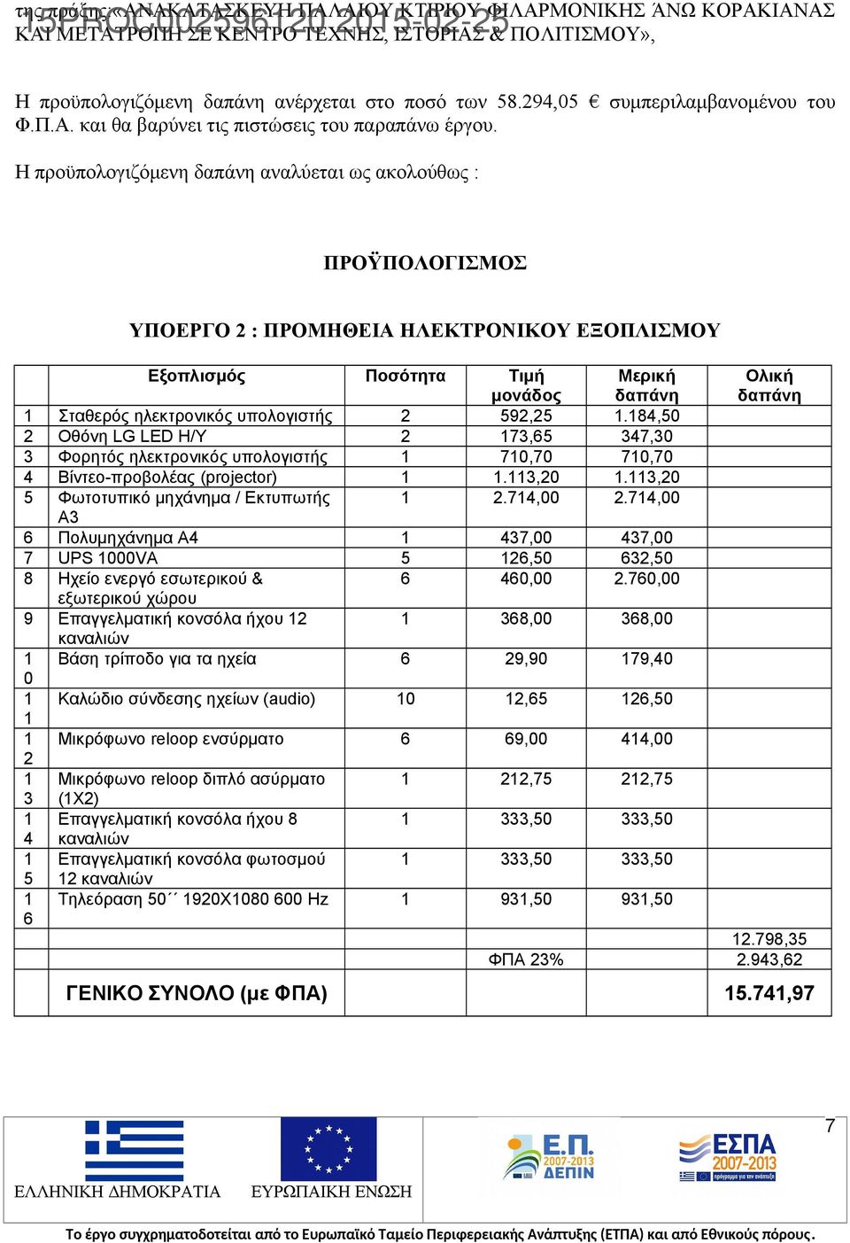 Η προϋπολογιζόμενη δαπάνη αναλύεται ως ακολούθως : ΠΡΟΫΠΟΛΟΓΙΣΜΟΣ ΥΠΟΕΡΓΟ 2 : ΠΡΟΜΗΘΕΙΑ ΗΛΕΚΤΡΟΝΙΚΟΥ ΕΞΟΠΛΙΣΜΟΥ Εξοπλισμός Ποσότητα Τιμή μονάδος Μερική δαπάνη 1 Σταθερός ηλεκτρονικός υπολογιστής 2