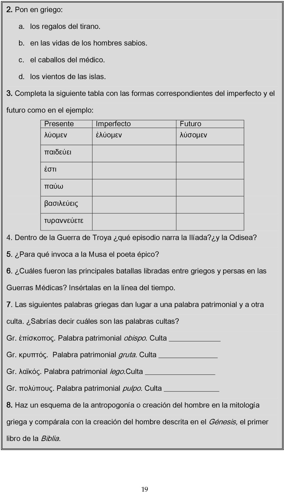 4. Dentro de la Guerra de Troya qué episodio narra la Ilíada? y la Odisea? 5. Para qué invoca a la Musa el poeta épico? 6.