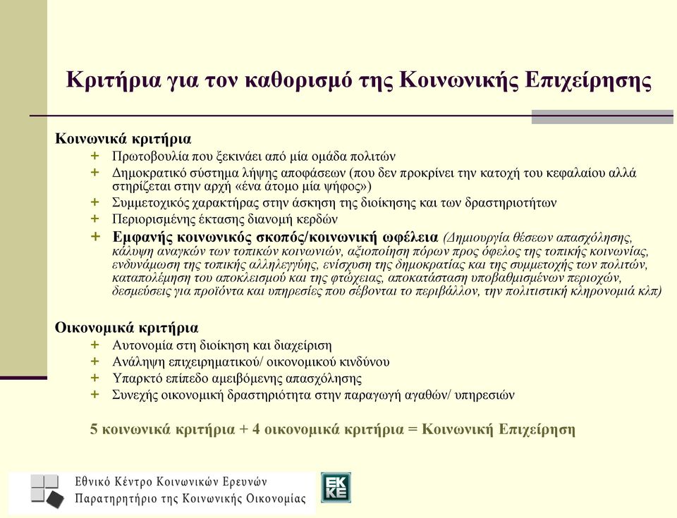 σκοπός/κοινωνική ωφέλεια (Δημιουργία θέσεων απασχόλησης, κάλυψη αναγκών των τοπικών κοινωνιών, αξιοποίηση πόρων προς όφελος της τοπικής κοινωνίας, ενδυνάμωση της τοπικής αλληλεγγύης, ενίσχυση της