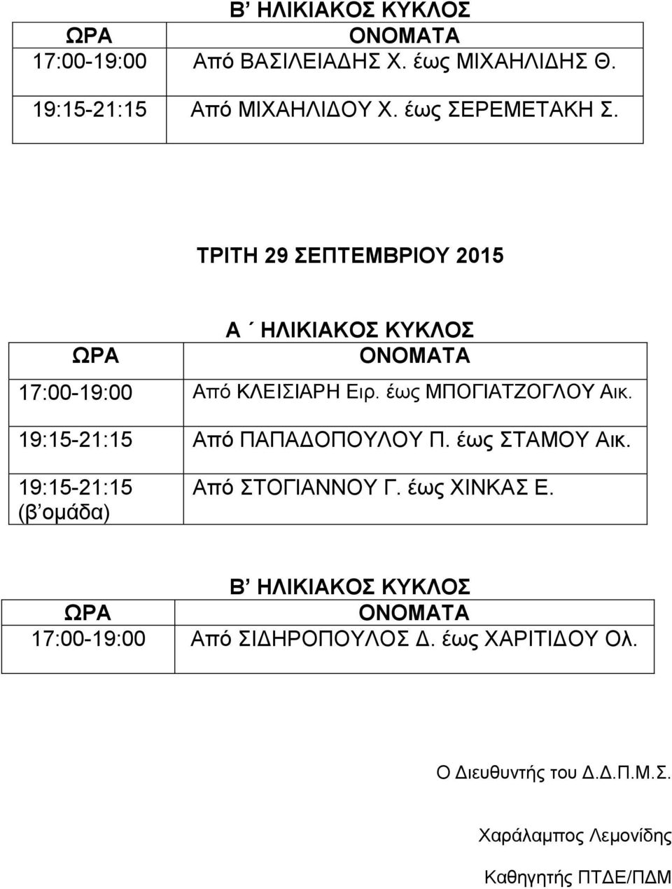 έως ΜΠΟΓΙΑΤΖΟΓΛΟΥ Αικ. 19:15-21:15 Από ΠΑΠΑΔΟΠΟΥΛΟΥ Π. έως ΣΤΑΜΟΥ Αικ. 19:15-21:15 (β ομάδα) Από ΣΤΟΓΙΑΝΝΟΥ Γ.