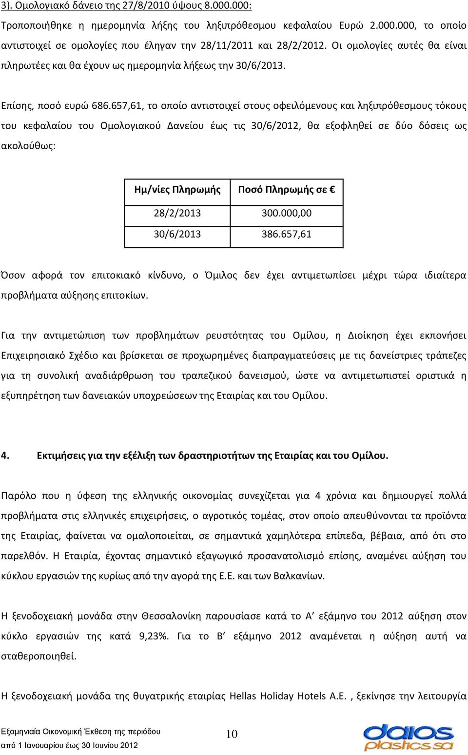 657,61, το οποίο αντιστοιχεί στους οφειλόμενους και ληξιπρόθεσμους τόκους του κεφαλαίου του Ομολογιακού Δανείου έως τις 30/6/2012, θα εξοφληθεί σε δύο δόσεις ως ακολούθως: Ημ/νίες Πληρωμής Ποσό