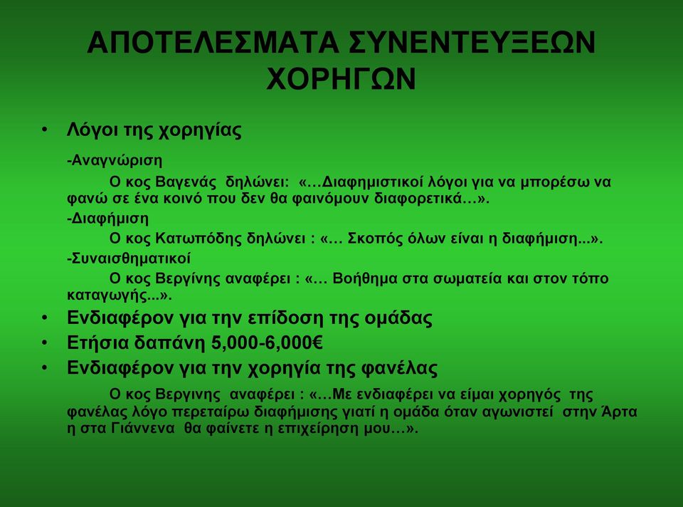 ..». Ενδιαφέρον για την επίδοση της ομάδας Ετήσια δαπάνη 5,000-6,000 Ενδιαφέρον για την χορηγία της φανέλας Ο κος Βεργινης αναφέρει : «Με ενδιαφέρει να είμαι