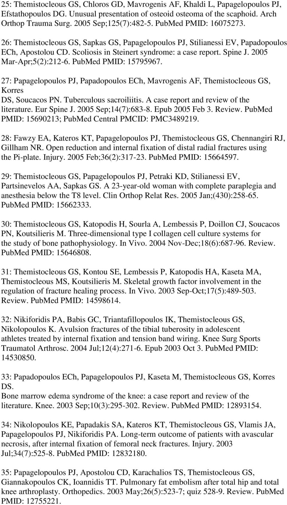 Spine J. 2005 Mar-Apr;5(2):212-6. PubMed PMID: 15795967. 27: Papagelopoulos PJ, Papadopoulos ECh, Mavrogenis AF, Themistocleous GS, Korres DS, Soucacos PN. Tuberculous sacroiliitis.