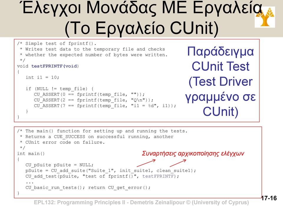 = temp_file) { CU_ASSERT(0 == fprintf(temp_file, "")); CU_ASSERT(2 == fprintf(temp_file, "Q\n")); CU_ASSERT(7 == fprintf(temp_file, "i1 = %d", i1)); } Παράδειγμα CUnit Test (Test Driver γραμμένο σε