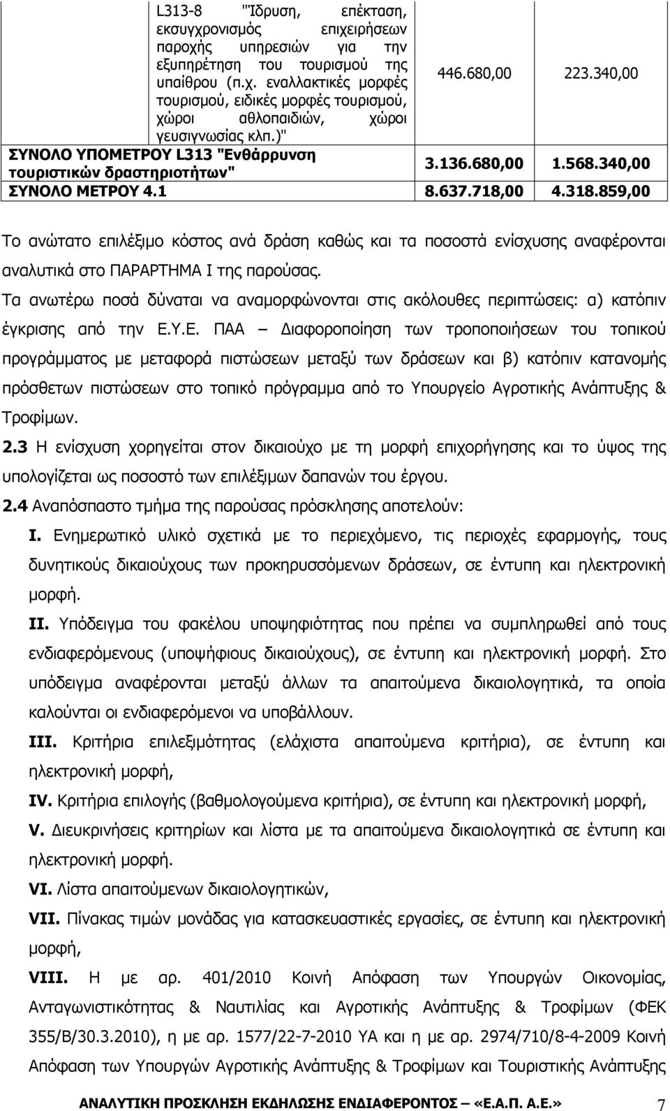 637.718,00 4.318.859,00 Το ανώτατο επιλέξιμο κόστος ανά δράση καθώς και τα ποσοστά ενίσχυσης αναφέρονται αναλυτικά στο ΠΑΡΑΡΤΗΜΑ Ι της παρούσας.