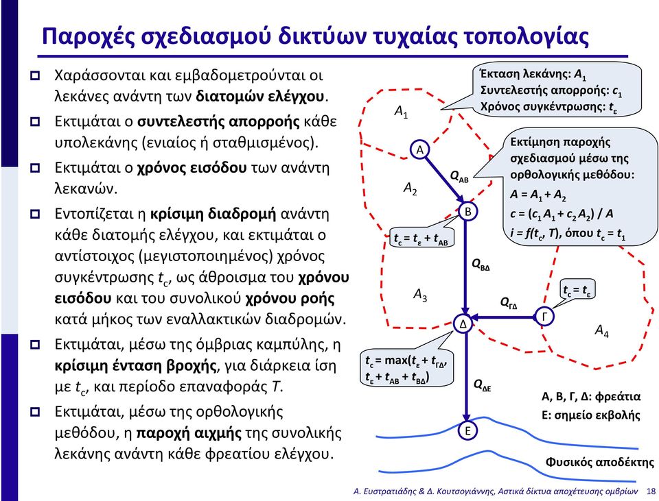 Εντοπίζεται η κρίσιμη διαδρομή ανάντη κάθε διατομής ελέγχου, και εκτιμάται ο αντίστοιχος (μεγιστοποιημένος) χρόνος συγκέντρωσης t c, ως άθροισμα του χρόνου εισόδου και του συνολικού χρόνου ροής κατά