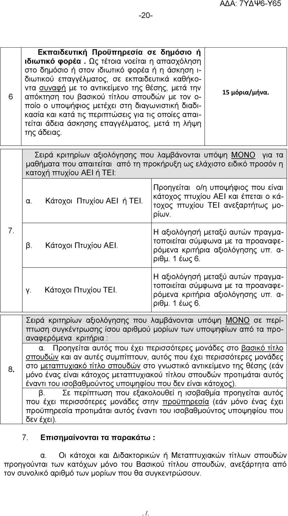 τίτλου σπουδών με τον ο- ποίο ο υποψήφιος μετέχει στη διαγωνιστική διαδικασία και κατά τις περιπτώσεις για τις οποίες απαιτείται άδεια άσκησης επαγγέλματος, μετά τη λήψη της άδειας. 15 μόρια/μήνα.