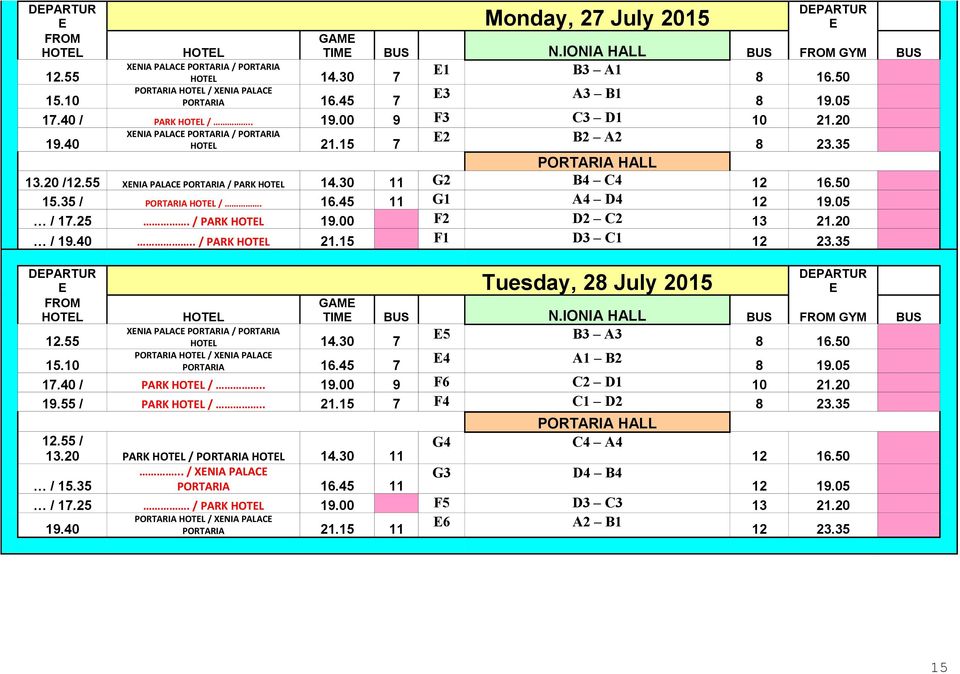35 PORTARIA HALL 13.20 /12.55 XENIA PALACE PORTARIA / PARK HOTEL 14.30 11 G2 B4 C4 12 16.50 15.35 / PORTARIA HOTEL /. 16.45 11 G1 A4 D4 12 19.05 / 17.25. / PARK HOTEL 19.00 F2 D2 C2 13 21.20 / 19.40.