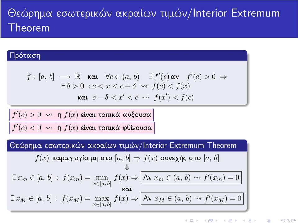φθίνουσα Θεώρημα εσωτερικών ακραίων τιμών/interior Extremum Theorem f(x) παραγωγίσιμη στο [a, b] f(x) συνεχής στο [a, b] x