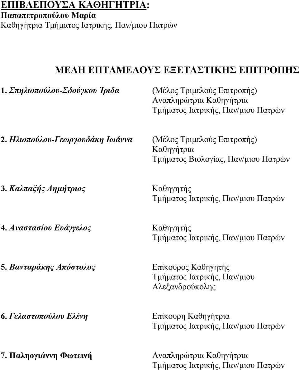 Ηλιοπούλου-Γεωργουδάκη Ιωάννα (Μέλος Τριµελούς Επιτροπής) Καθηγήτρια Τµήµατος Βιολογίας, Παν/µιου Πατρών 3. Καλπαξής ηµήτριος Καθηγητής Τµήµατος Ιατρικής, Παν/µιου Πατρών 4.