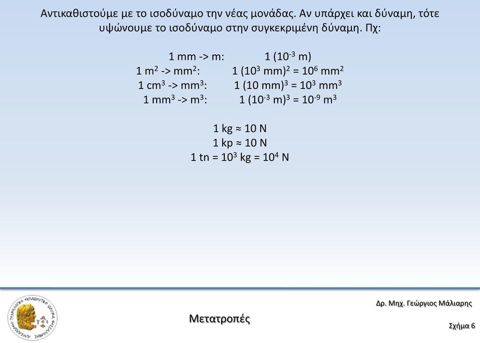 Πχ: 1 mm -> m: 1 (10-3 m) 1 m2 -> mm2: 1 (103 mm)2 = 106 mm2 1 cm3 -> mm3: 1