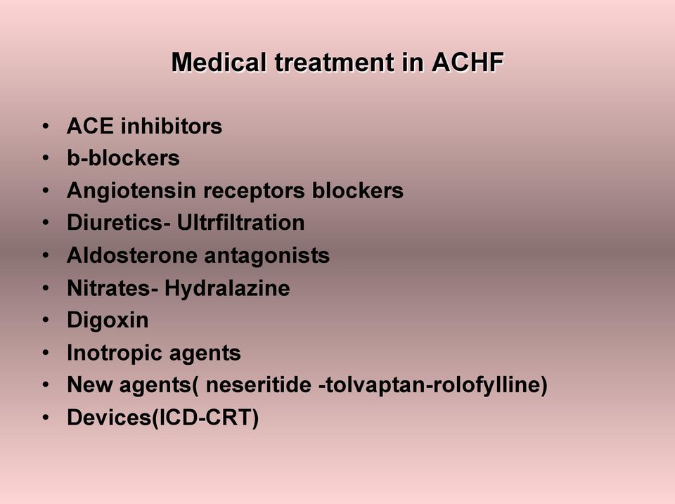 Aldosterone antagonists Nitrates- Hydralazine Digoxin