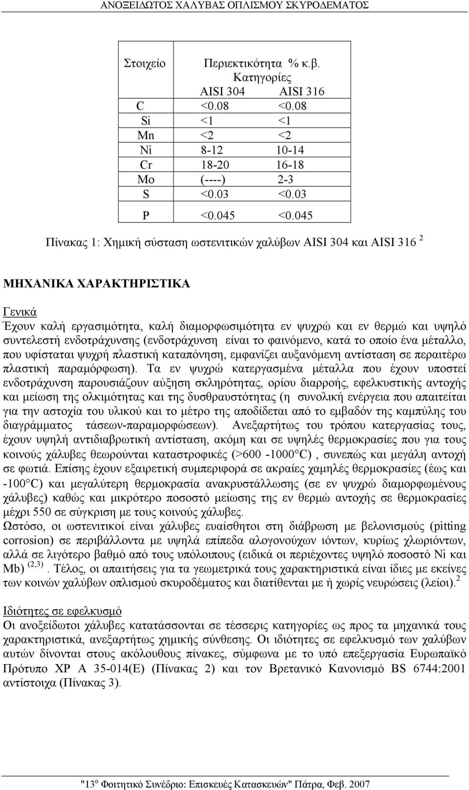 045 Πίνακας 1: Χημική σύσταση ωστενιτικών χαλύβων AISI 304 και AISI 316 2 ΜΗΧΑΝΙΚΑ ΧΑΡΑΚΤΗΡΙΣΤΙΚΑ Γενικά Έχουν καλή εργασιμότητα, καλή διαμορφωσιμότητα εν ψυχρώ και εν θερμώ και υψηλό συντελεστή