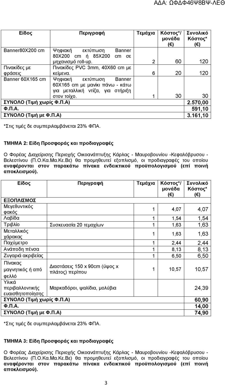 2.570,00 Φ.Π.Α. 591,10 ΣΥΝΟΛΟ (Τιμή με Φ.Π.Α) 3.