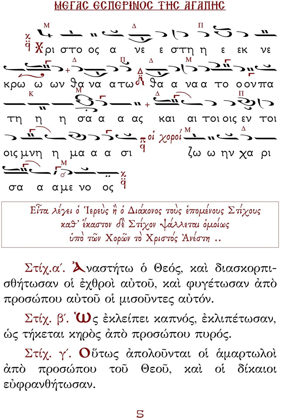 τὸ Χριστός Ἀνέστη.. Στίχ.α. Ἀναστήτω ὁ Θεός, καὶ διασκορπισθήτωσαν οἱ ἐχθροὶ αὐτοῦ, καὶ φυγέτωσαν ἀπὸ προσώπου αὐτοῦ οἱ μισοῦντες αὐτόν. Στίχ. β.