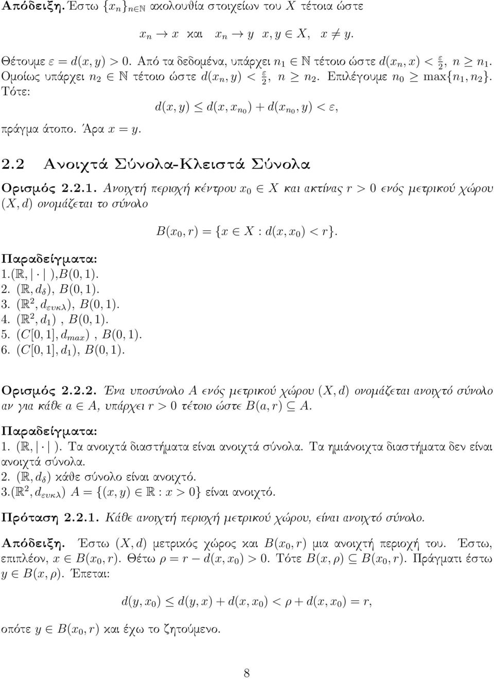 (R, ),B(0, 1). 2. (R, d δ ), B(0, 1). 3. (R 2, d ευκλ ), B(0, 1). 4. (R 2, d 1 ), B(0, 1). 5. (C[0, 1], d max ), B(0, 1). 6. (C[0, 1], d 1 ), B(0, 1). B(x 0, r) = {x X : d(x, x 0 ) < r}. Ορισμός 2.2.2. Ενα υποσύνολο A ενός μετρικού χώρου (X, d) ονομάζεται ανοιχτό σύνολο αν για κάθε a A, υπάρχει r > 0 τέτοιο ώστε B(a, r) A.