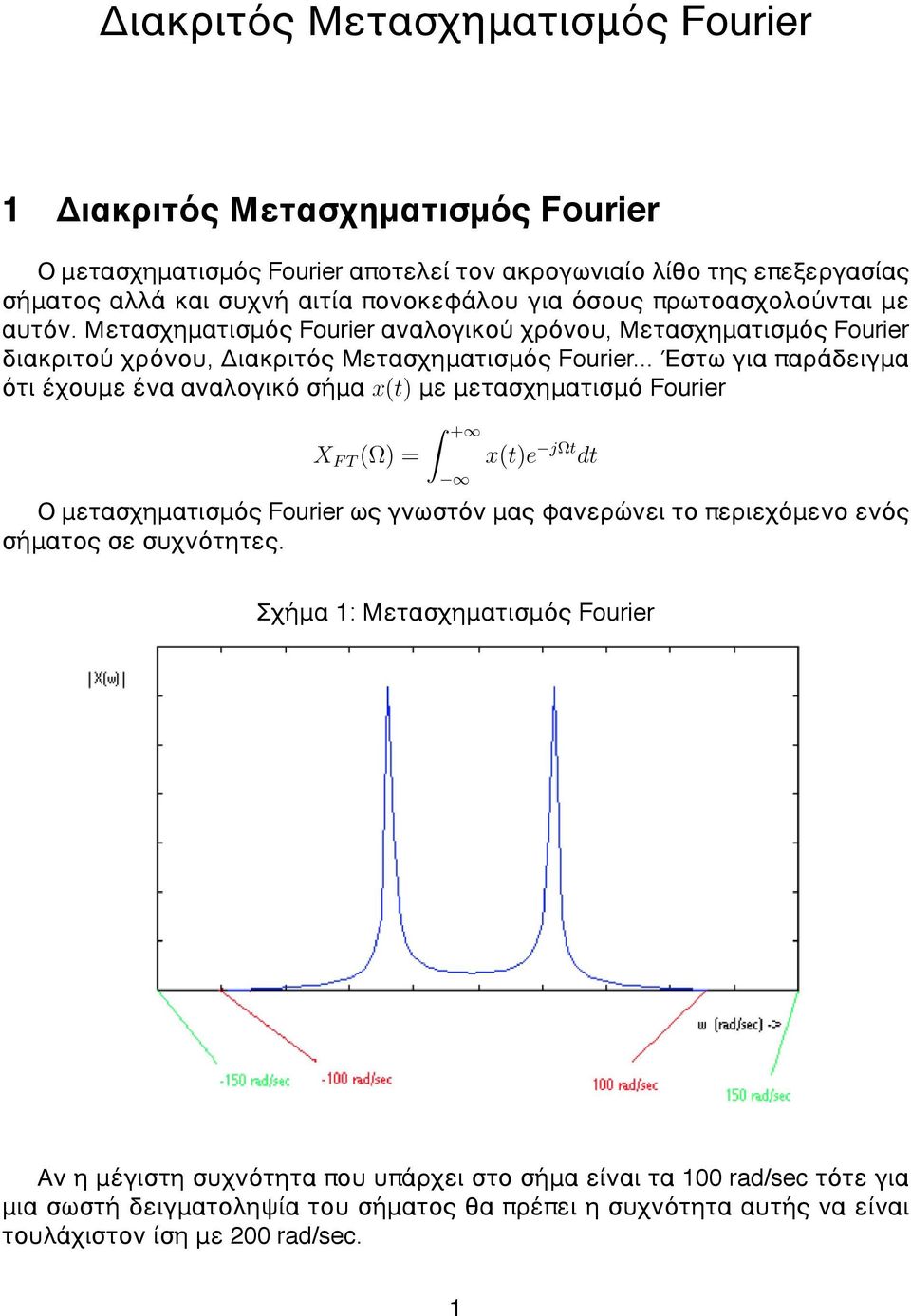 .. Έστω για παράδειγμα ότι έχουμε ένα αναλογικό σήμα x(t) με μετασχηματισμό Fourier X F T (Ω) = + x(t)e jωt dt Ο μετασχηματισμός Fourier ως γνωστόν μας φανερώνει το περιεχόμενο ενός σήματος