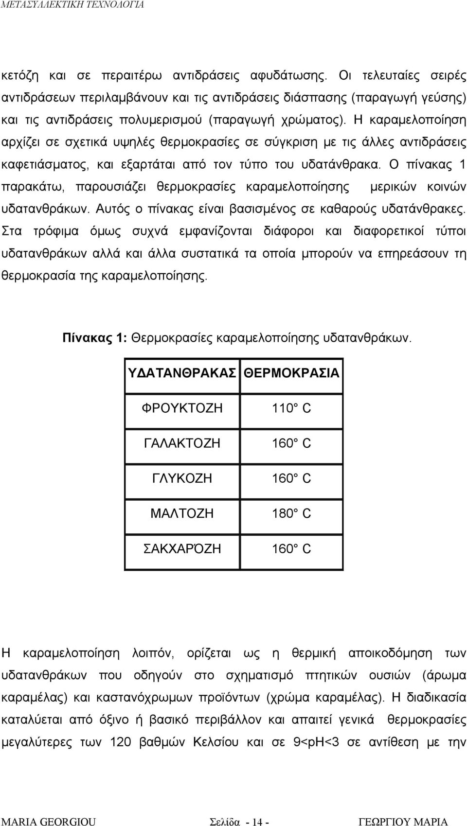 Ο πίνακας 1 παρακάτω, παρουσιάζει θερμοκρασίες καραμελοποίησης μερικών κοινών υδατανθράκων. Αυτός ο πίνακας είναι βασισμένος σε καθαρούς υδατάνθρακες.