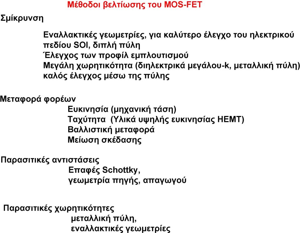 Μεταφορά φορέων Ευκινησία (μηχανική τάση) Ταχύτητα (Υλικά υψηλής ευκινησίας ΗΕΜΤ) Βαλλιστική μεταφορά Μείωση σκέδασης