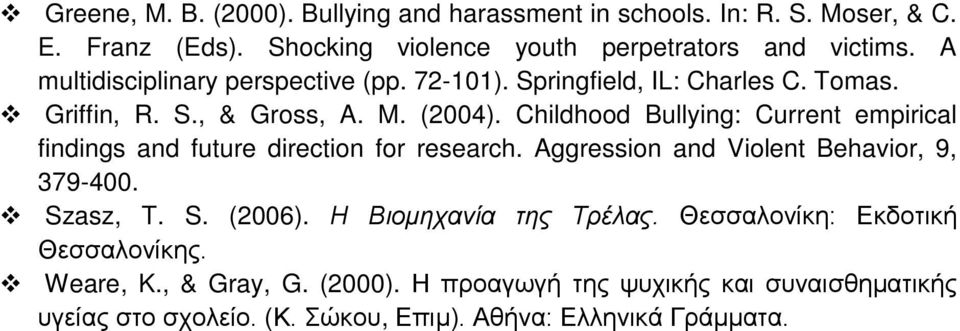 Childhood Bullying: Current empirical findings and future direction for research. Aggression and Violent Behavior, 9, 379-400. Szasz, T. S. (2006).