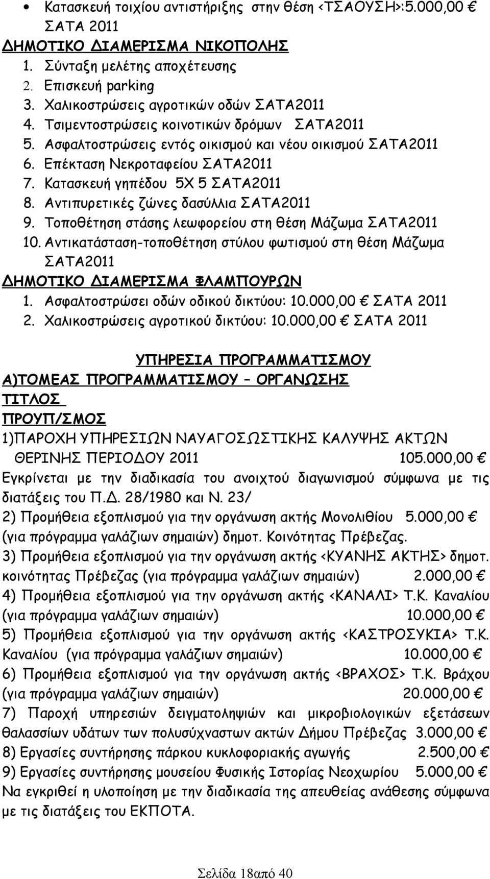 Αντιπυρετικές ζώνες δασύλλια ΣΑΤΑ2011 9. Τοποθέτηση στάσης λεωφορείου στη θέση Μάζωμα ΣΑΤΑ2011 10. Αντικατάσταση-τοποθέτηση στύλου φωτισμού στη θέση Μάζωμα ΣΑΤΑ2011 ΔΗΜΟΤΙΚΟ ΔΙΑΜΕΡΙΣΜΑ ΦΛΑΜΠΟΥΡΩΝ 1.