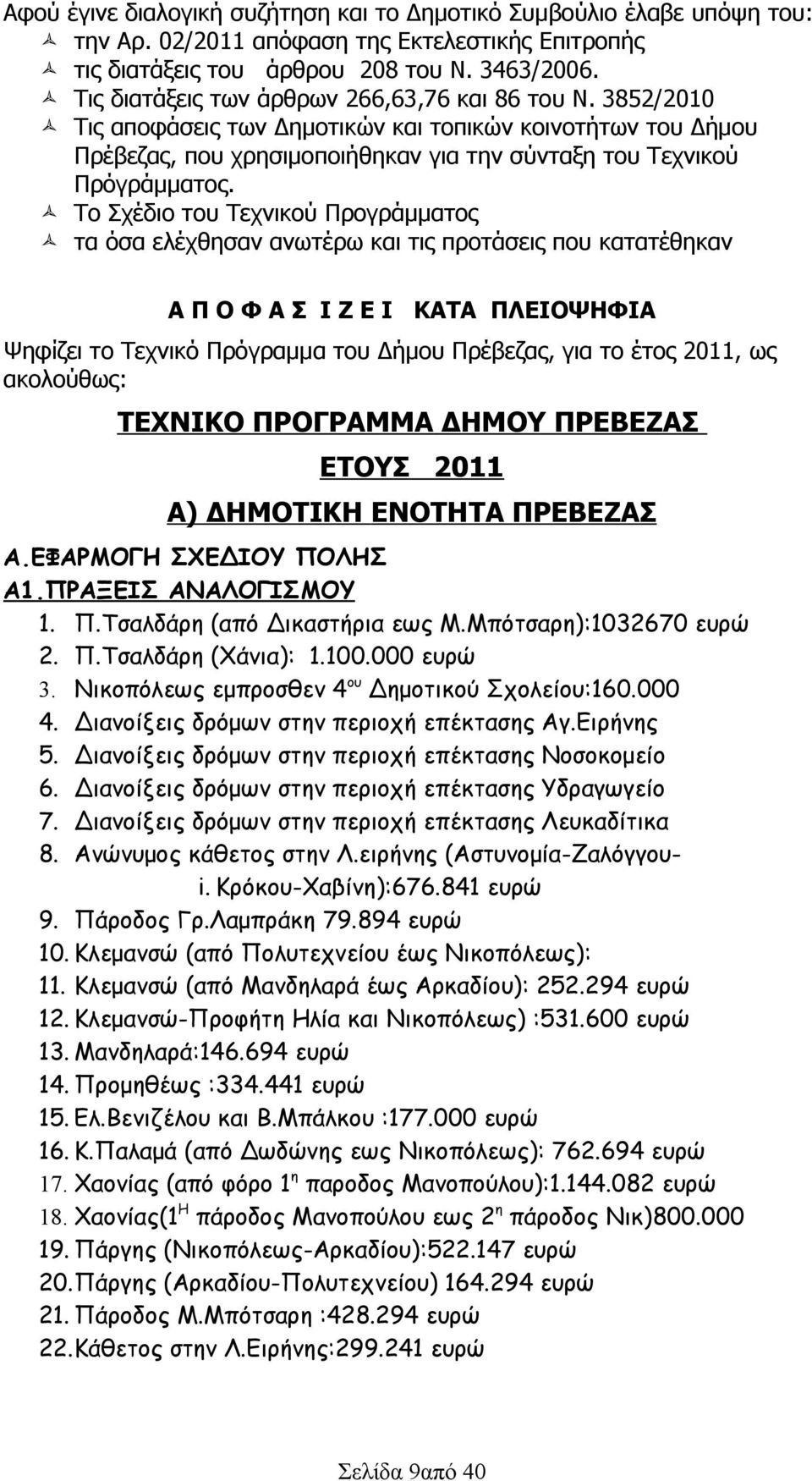 Το Σχέδιο του Τεχνικού Προγράμματος τα όσα ελέχθησαν ανωτέρω και τις προτάσεις που κατατέθηκαν Α Π Ο Φ Α Σ Ι Ζ Ε Ι ΚΑΤΑ ΠΛΕΙΟΨΗΦΙΑ Ψηφίζει το Τεχνικό Πρόγραμμα του Δήμου Πρέβεζας, για το έτος 2011,