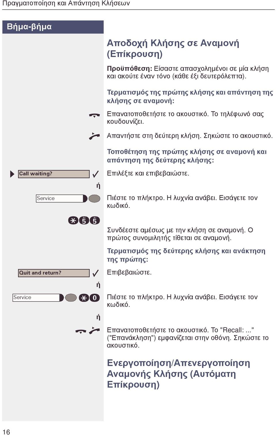 Τοποθέτηση της πρώτης κλσης σε αναµον και απάντηση της δεύτερης κλσης: Call waiting? Quit and return? qii qd Πιέστε το πλκτρο. Η λυχνία ανάβει. Εισάγετε τον κωδικό.