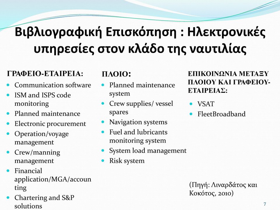 ting Chartering and S&P solutions ΠΛΟΙΟ: Planned maintenance system Crew supplies/ vessel spares Navigation systems Fuel and lubricants