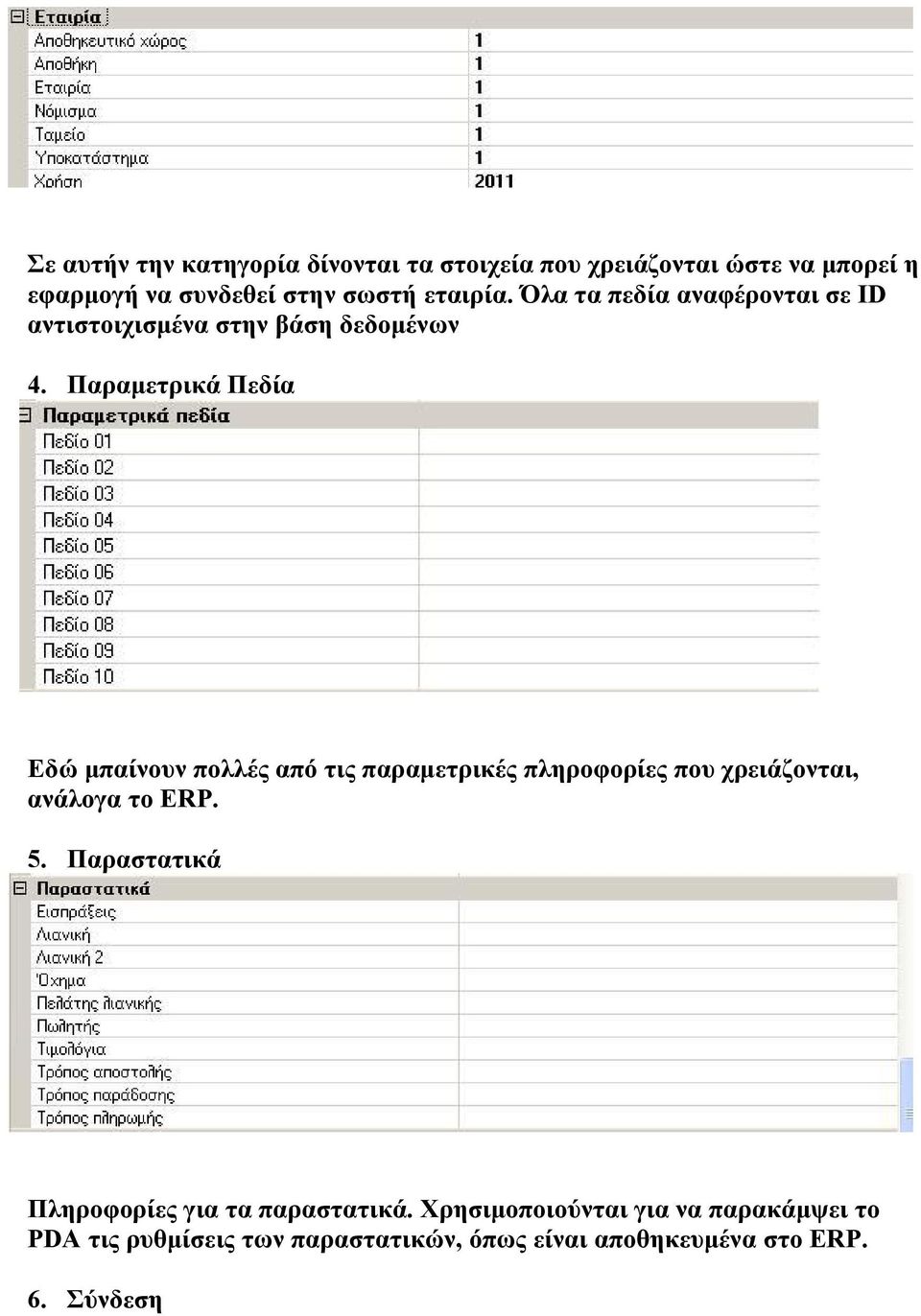 Παραμετρικά Πεδία Εδώ μπαίνουν πολλές από τις παραμετρικές πληροφορίες που χρειάζονται, ανάλογα το ERP. 5.