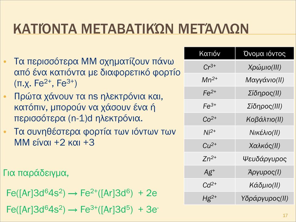 Fe 2+, Fe 3+ ) Πρώτα χάνουν τα ns ηλεκτρόνια και, κατόπιν, µπορούν να χάσουν ένα ή περισσότερα (n-1)d ηλεκτρόνια.