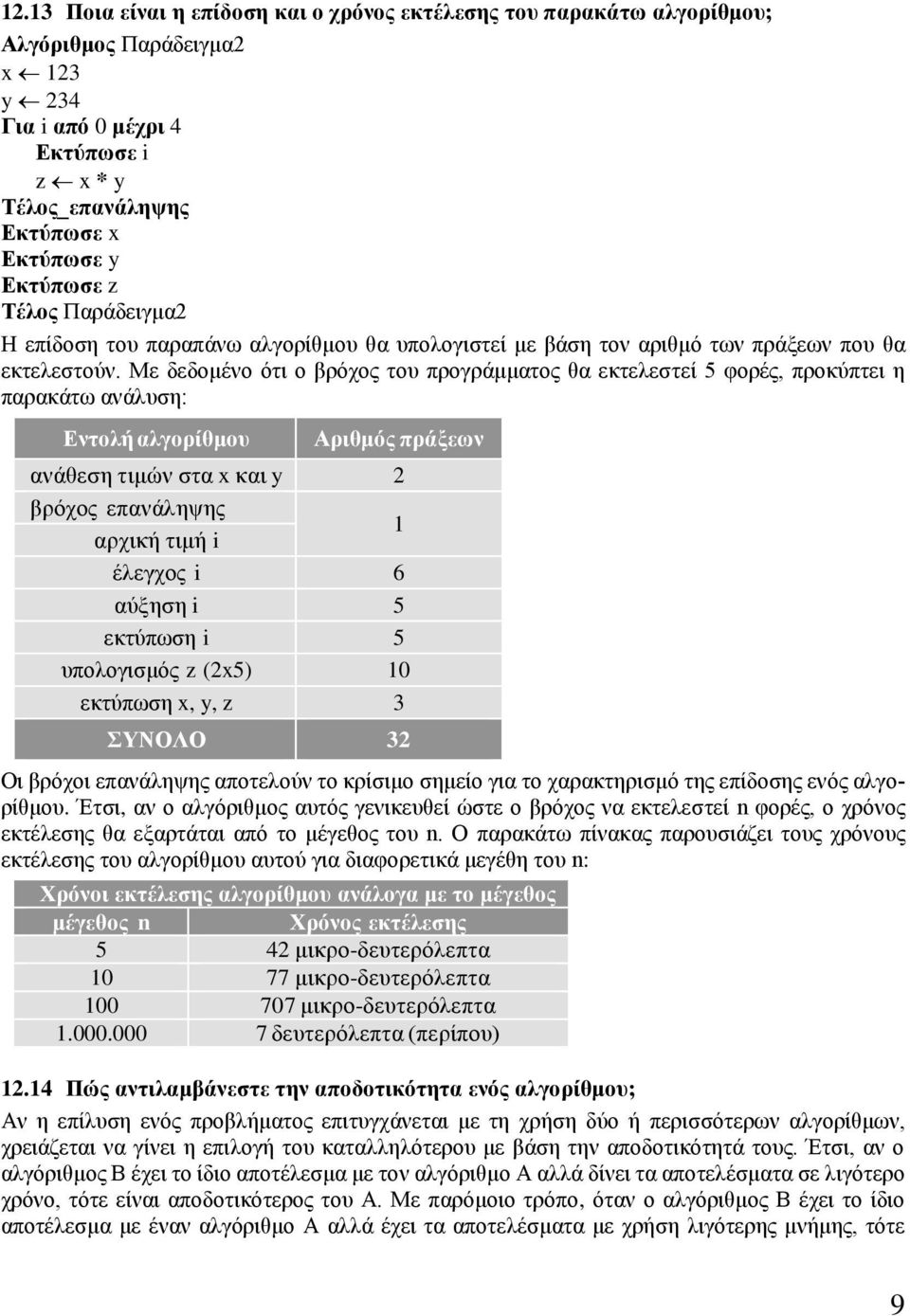 Με δεδομένο ότι ο βρόχος του προγράμματος θα εκτελεστεί 5 φορές, προκύπτει η παρακάτω ανάλυση: Εντολή αλγορίθμου Αριθμός πράξεων ανάθεση τιμών στα x και y 2 βρόχος επανάληψης αρχική τιμή i 1 έλεγχος