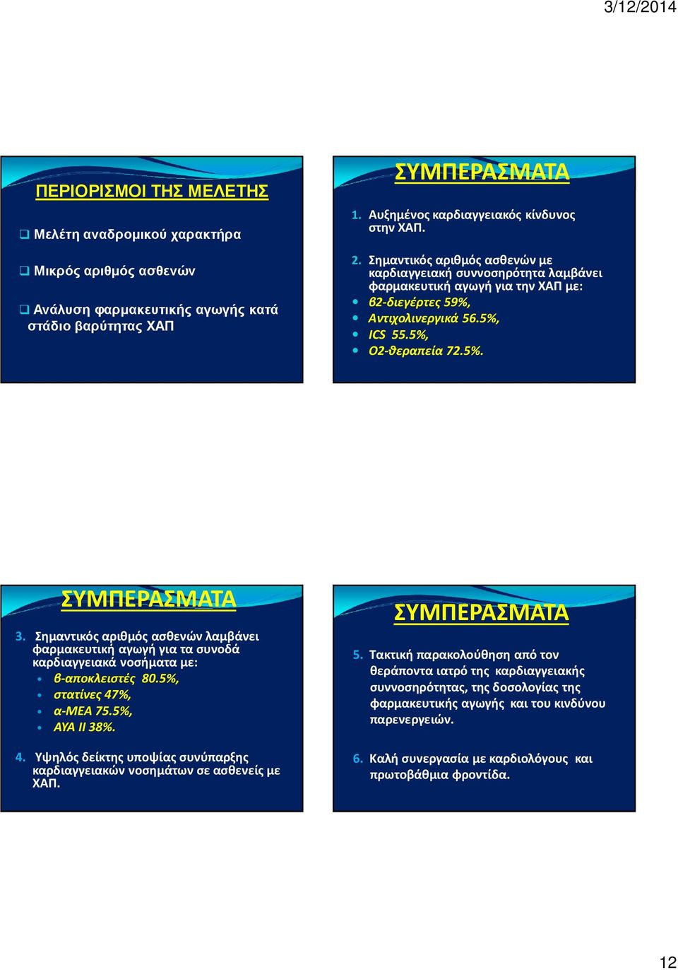 Σημαντικός αριθμός ασθενώνλαμβάνει φαρμακευτική αγωγή για τα συνοδά καρδιαγγειακά νοσήματα με: β-αποκλειστές 80.5%, στατίνες47%, α-μεα 75.5%, ΑΥΑ ΙΙ 38%. 4.