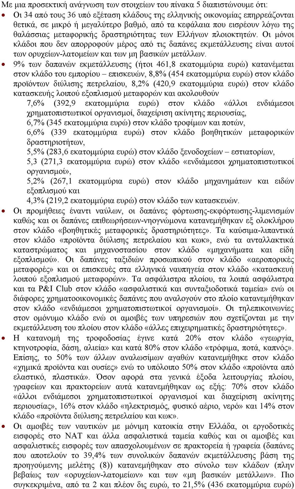 Οι μόνοι κλάδοι που δεν απορροφούν μέρος από τις δαπάνες εκμετάλλευσης είναι αυτοί των ορυχείων-λατομείων και των μη βασικών μετάλλων.