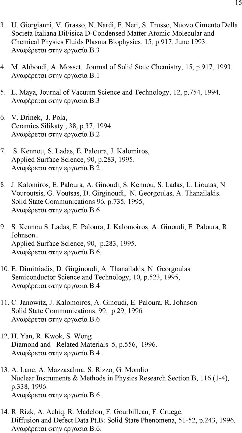 Maya, Journal of Vacuum Science and Technology, 12, p.754, 1994. Αναφέρεται στην εργασία Β.3 6. V. Drinek, J. Pola, Ceramics Silikaty, 38, p.37, 1994. Αναφέρεται στην εργασία Β.2 7. S. Kennou, S.